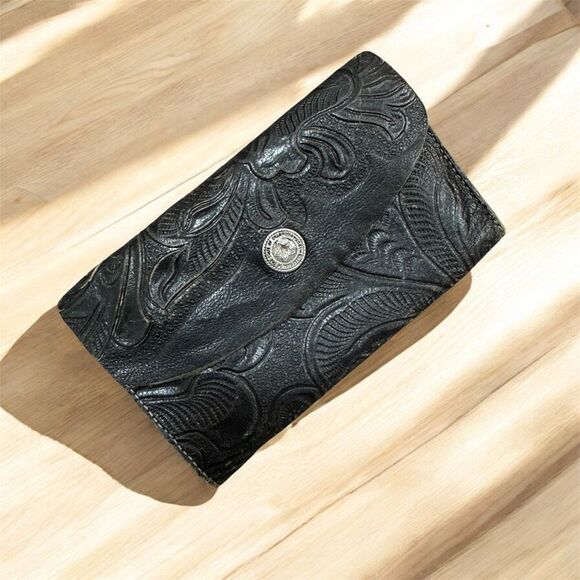Vintage Black Denim Leather Tooled Wallet Rose Floral Wéstern - Picture 1 of 5